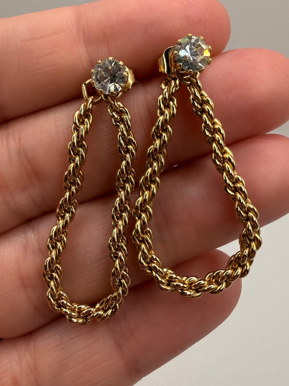 Avon Gold-Tone Rope Loop Earrings with Clear Crystal Studs